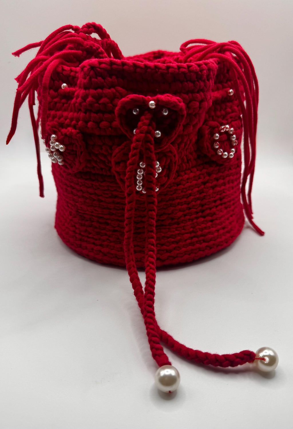 Red Crochet Bucket Bag – Handmade Pearl Hearts Statement Purse