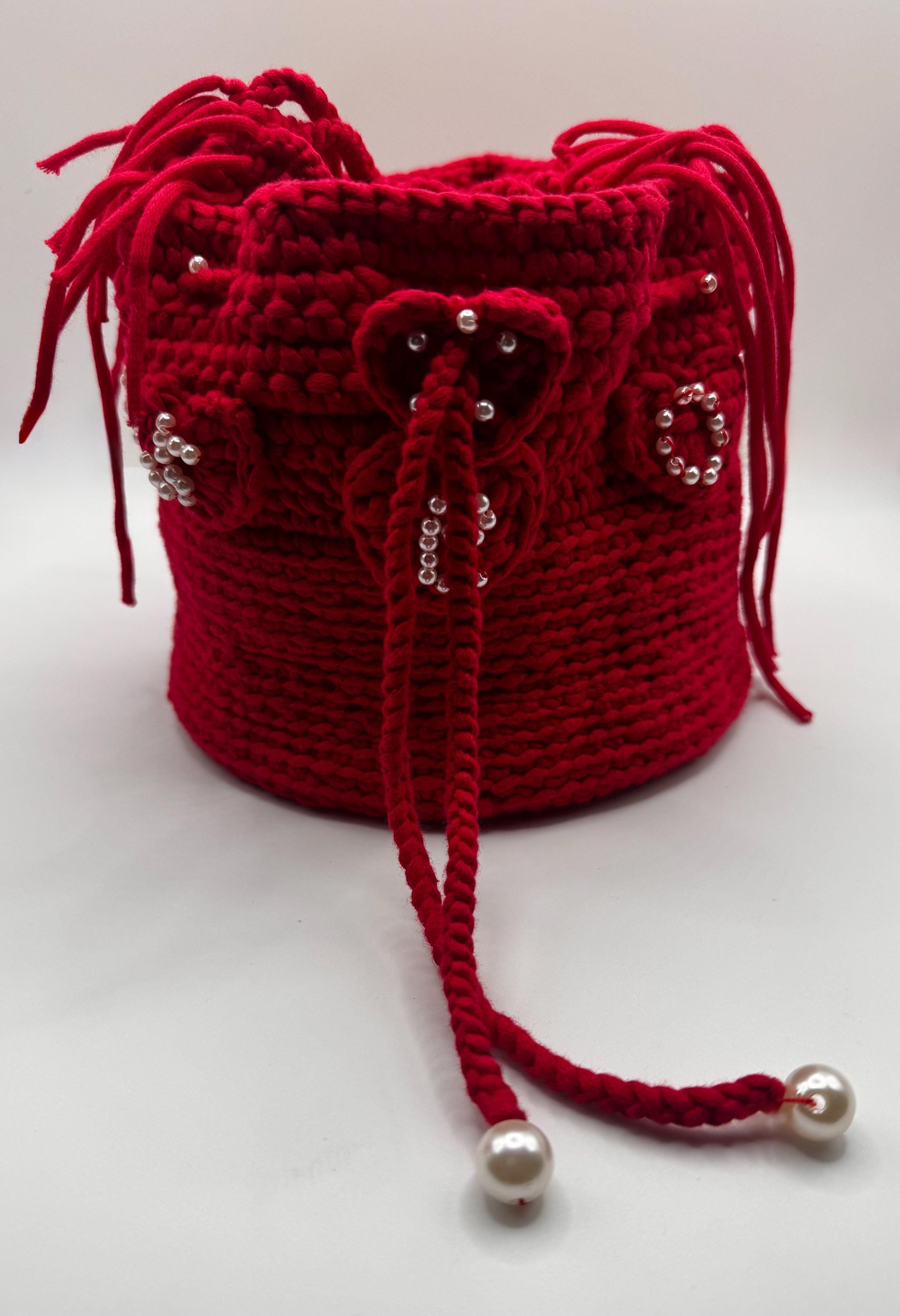 Red Crochet Bucket Bag – Handmade Pearl Hearts Statement Purse
