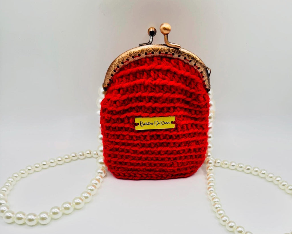 Red Crochet Coin Purse, Pearl Chain Mini Clutch, Vintage Style Evening Bag
