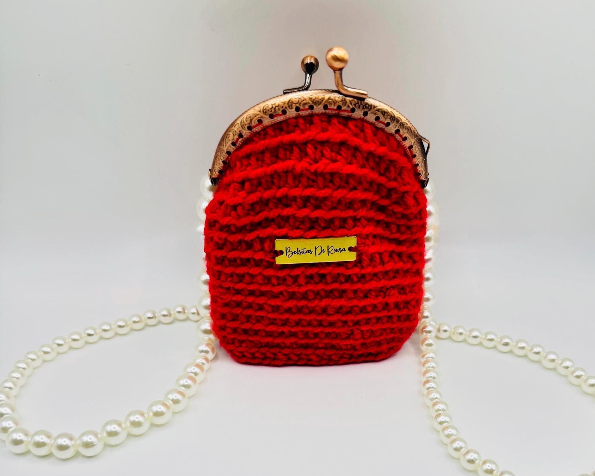 Red Crochet Coin Purse, Pearl Chain Mini Clutch, Vintage Style Evening Bag