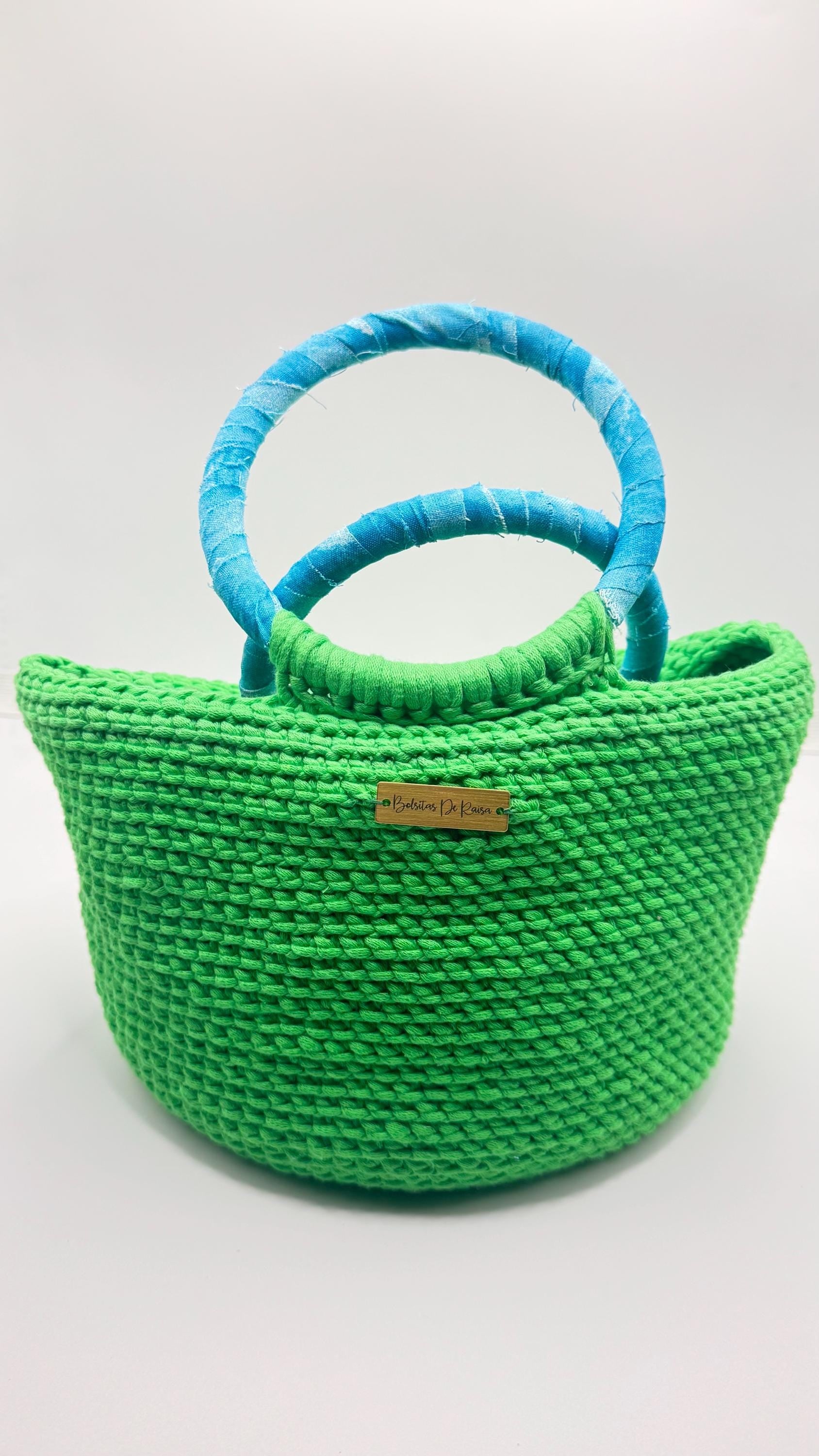 Green Crochet Handbag with Blue Wrapped Handles | Artisan Spring Tote Bag