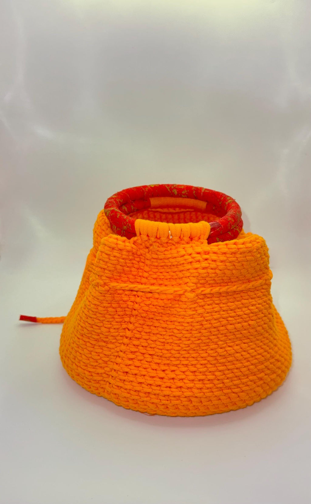 Orange Crochet Bucket Bag | Red Wrapped Handles, Fabric Lined, Drawstring Closure