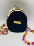 Black Crochet Coin Purse, Gold Kiss Lock, Mouse Ear Beaded Chain, Mini Bag