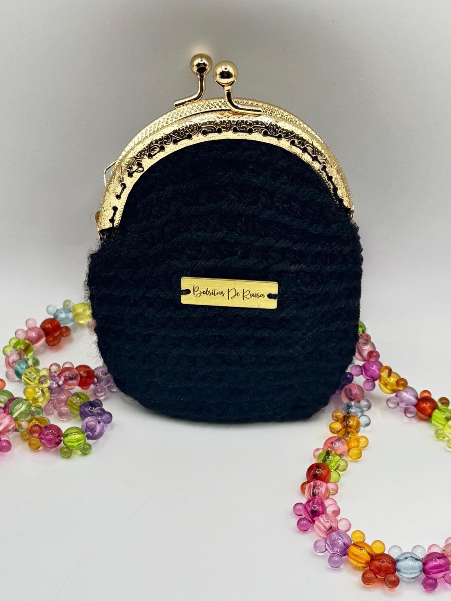 Black Crochet Coin Purse, Gold Kiss Lock, Mouse Ear Beaded Chain, Mini Bag