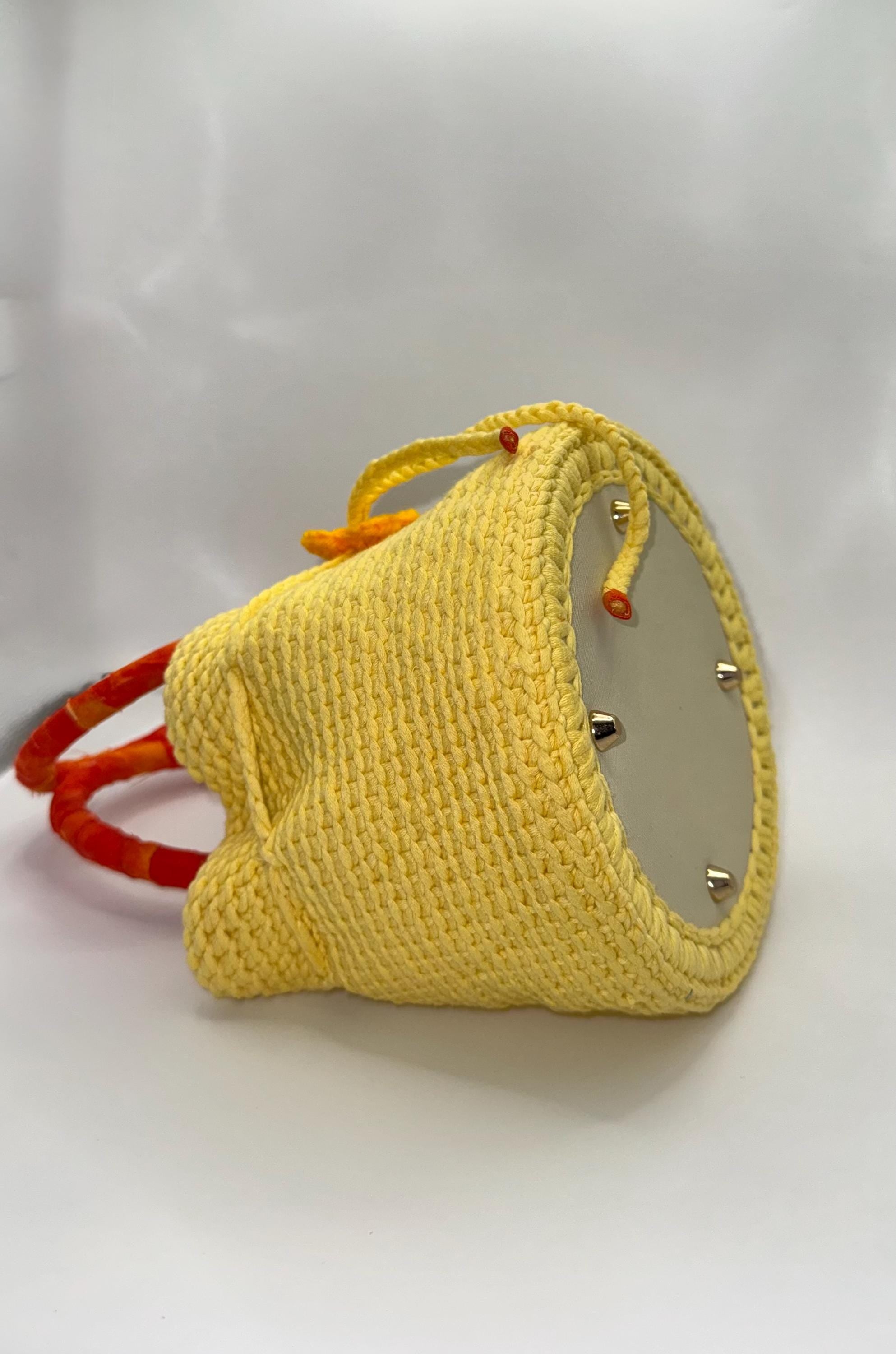 Yellow Crochet Bucket Bag | Wrapped Handles, Floral Detail, Spring Purse