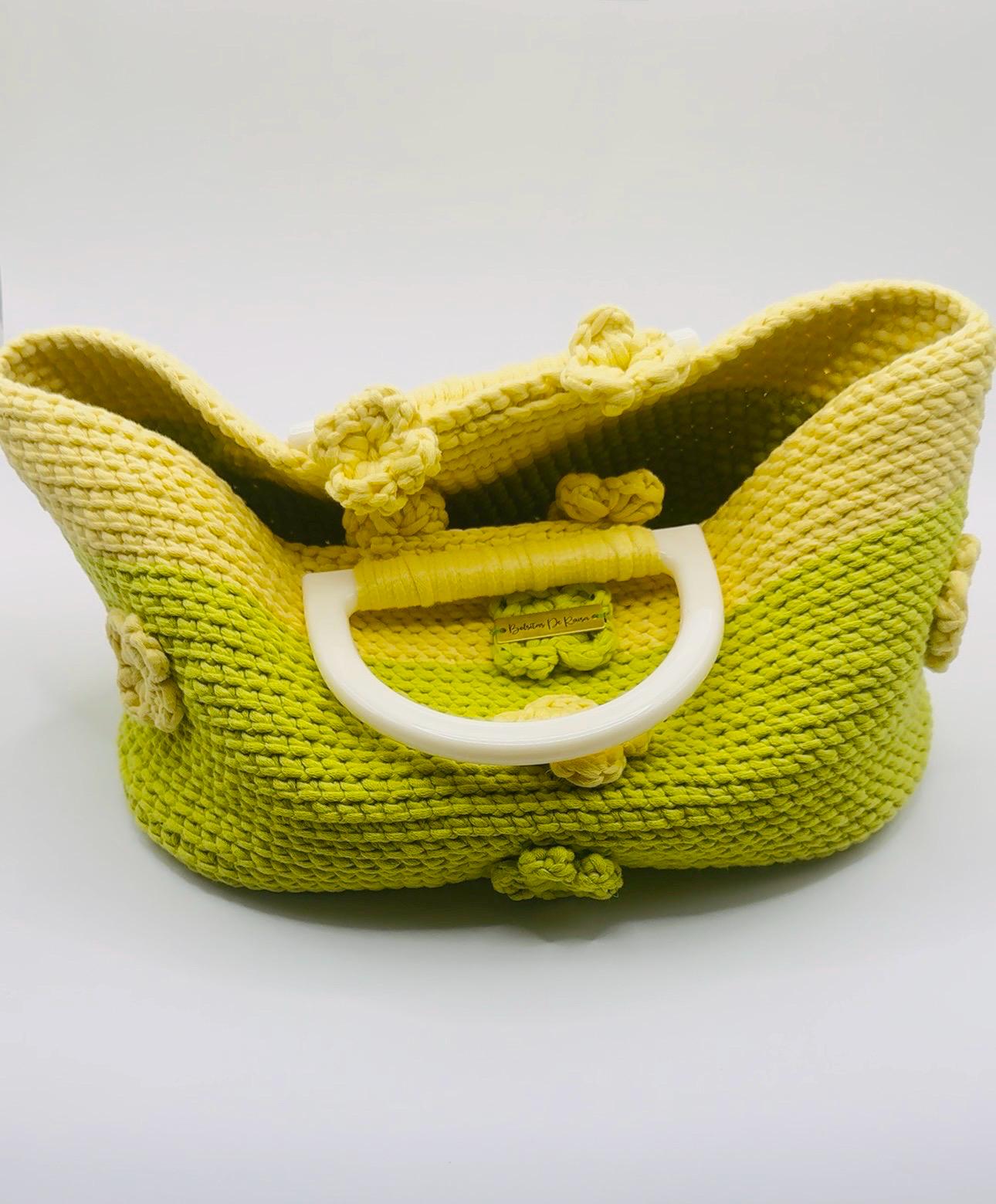 Two Tone Crochet Handbag, Lime Green Yellow Floral Appliqué, Boho Summer Purse