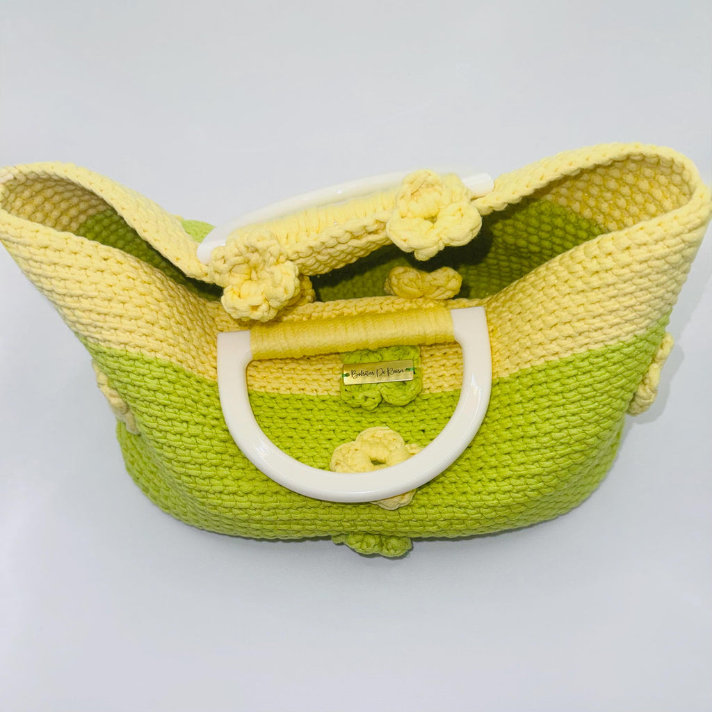 Two Tone Crochet Handbag, Lime Green Yellow Floral Appliqué, Boho Summer Purse