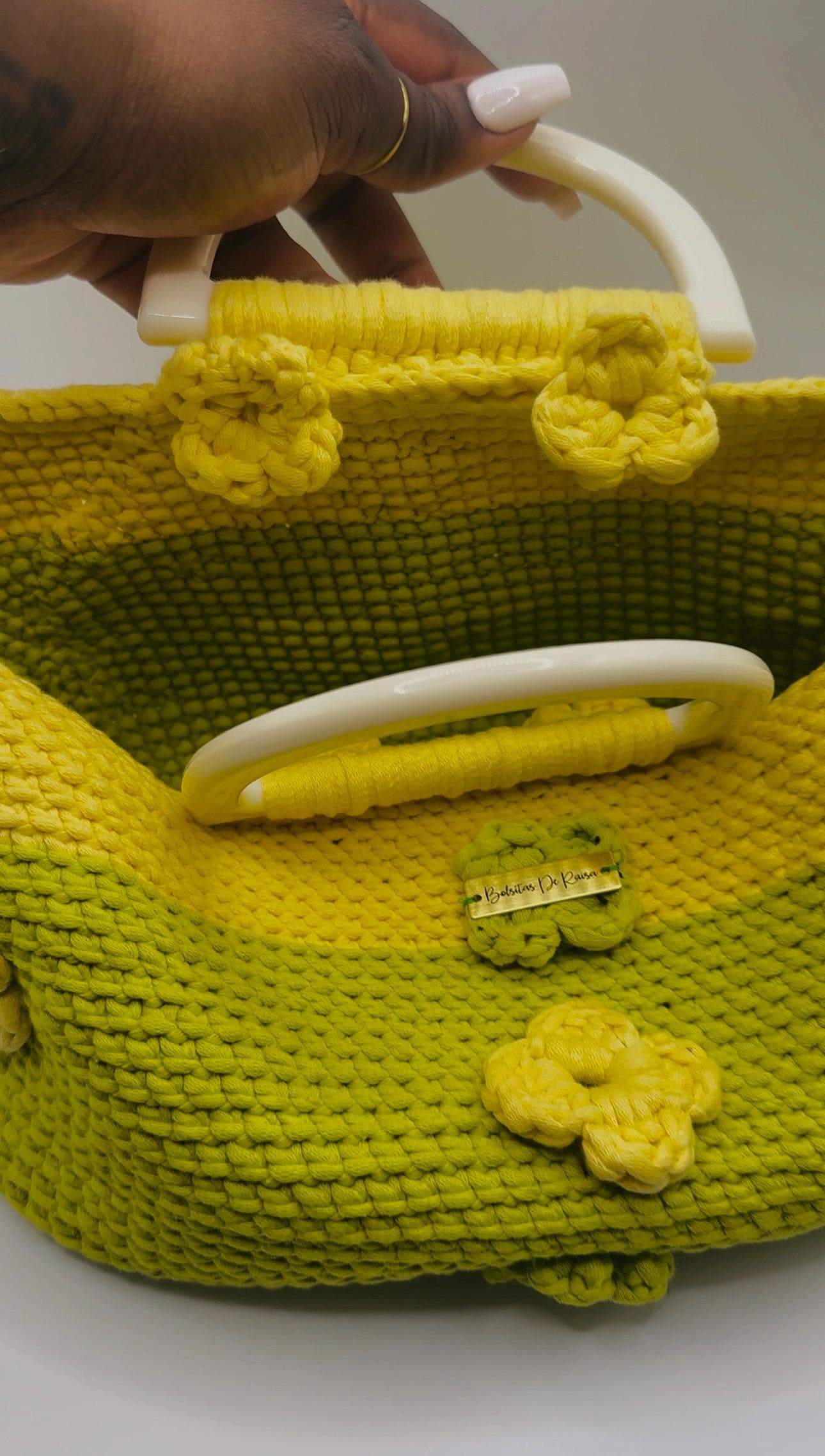 Two Tone Crochet Handbag, Lime Green Yellow Floral Appliqué, Boho Summer Purse