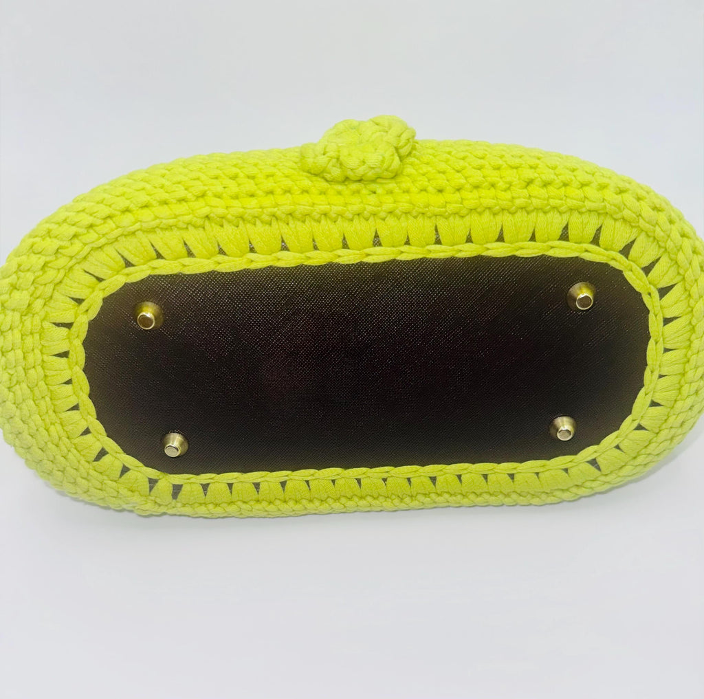 Two Tone Crochet Handbag, Lime Green Yellow Floral Appliqué, Boho Summer Purse