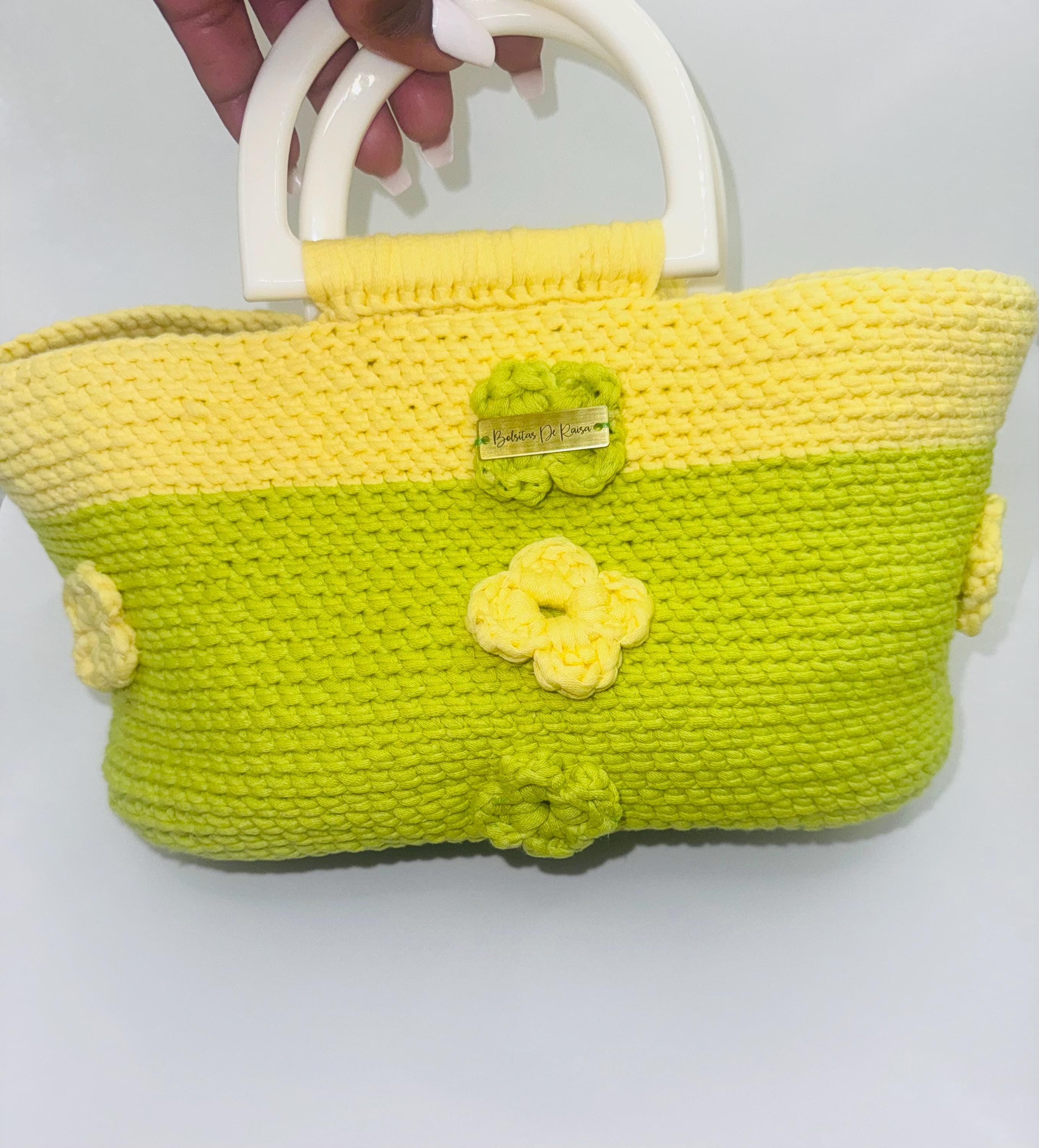 Two Tone Crochet Handbag, Lime Green Yellow Floral Appliqué, Boho Summer Purse